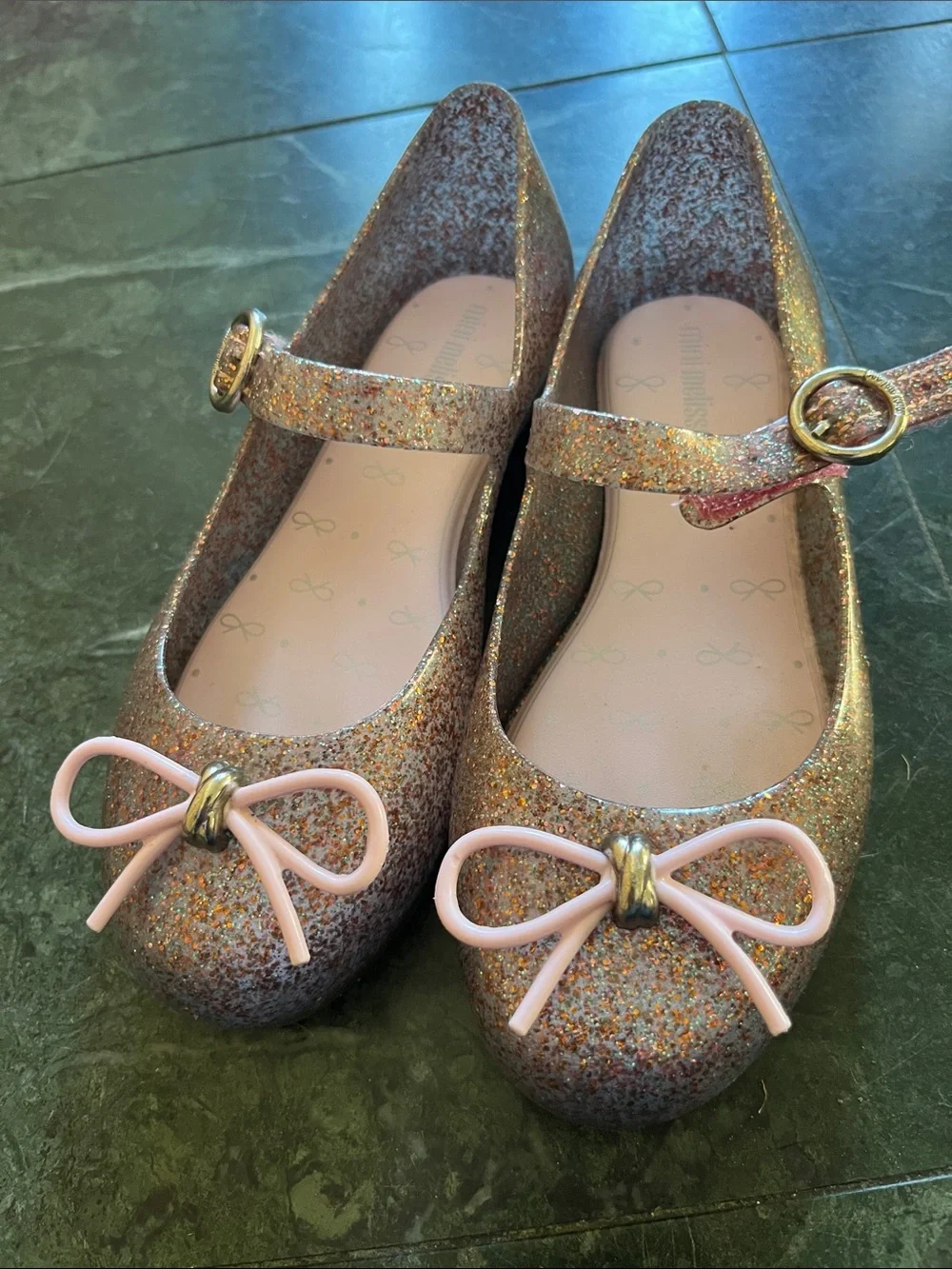 Mini Melissa Glitter Mary Jane Flats with Pink Bow